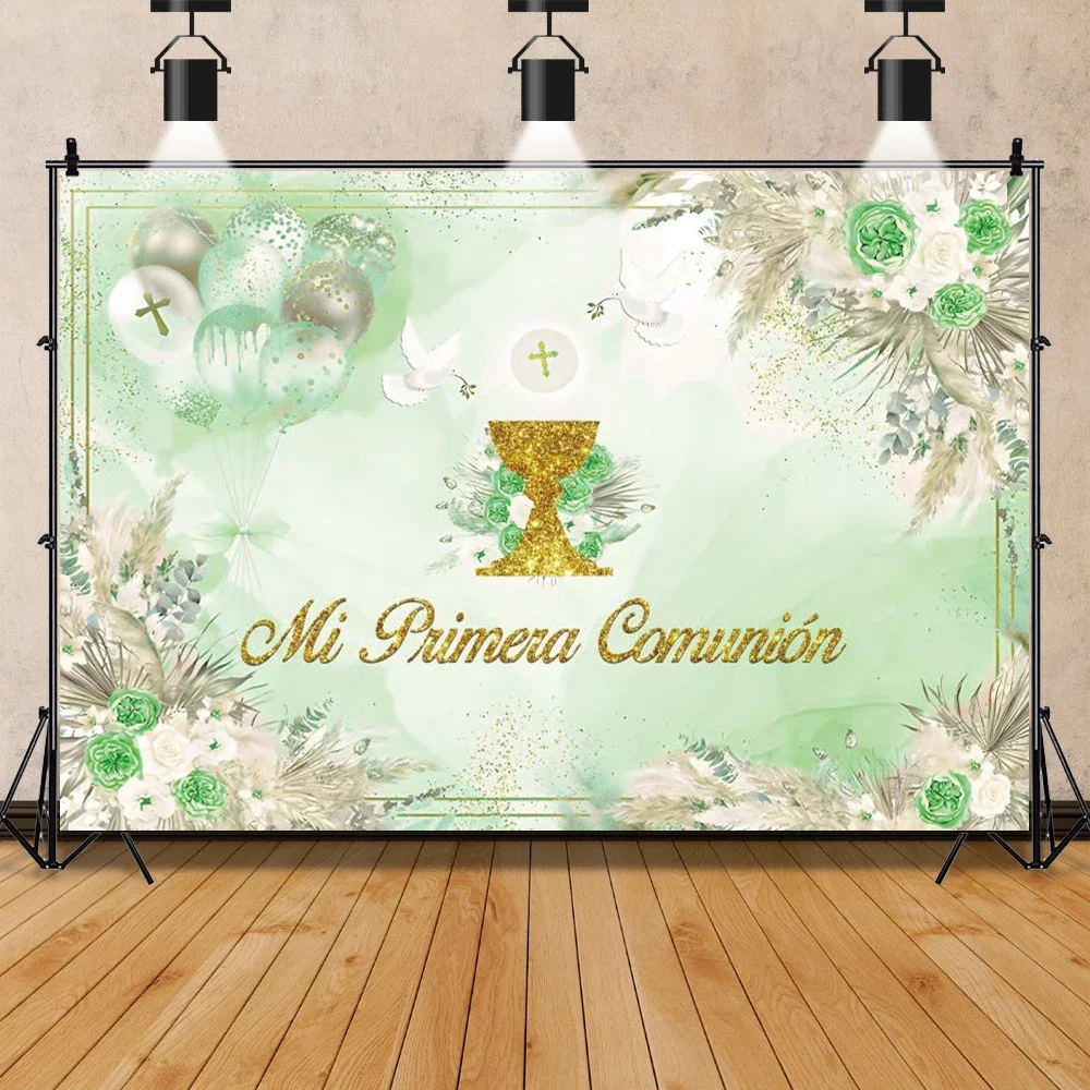 First Holy Communion Photography Backdrop Newborn Christening God Bless Gold Cross Grail Green Leaf Boy Girl Baptism Background
