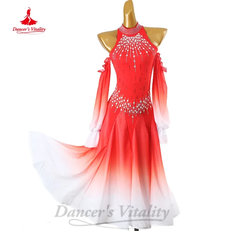 

Ballroom Dance Competition Dresses Customized Elegant Long Sleeved Gradient Dress Waltz Modern Dancing Performance Clothing