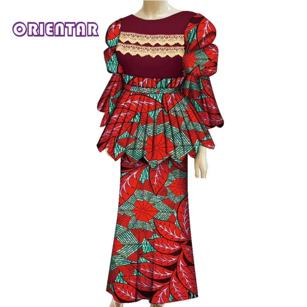 African Outfits for Women 2 Pieces Set African Print Puff Sleeve O-neck Dashiki Tops + Long Skirts Plus Size Matching Set WY1497