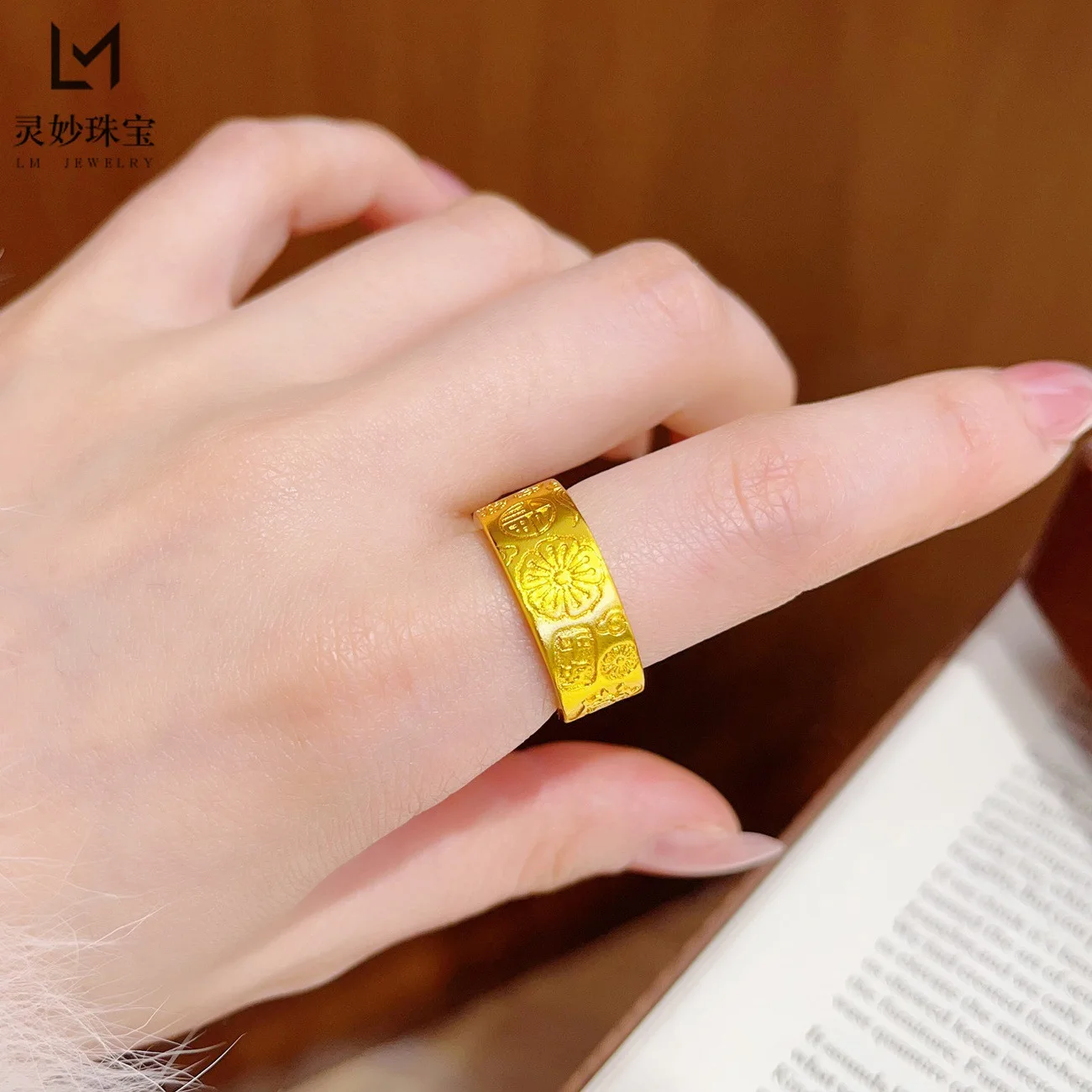 Polished Ancient Craft Wide Band Lucky Motto Eight Treasures Ring For Women 24K Gold AU999, Smooth edge for all-day comfort