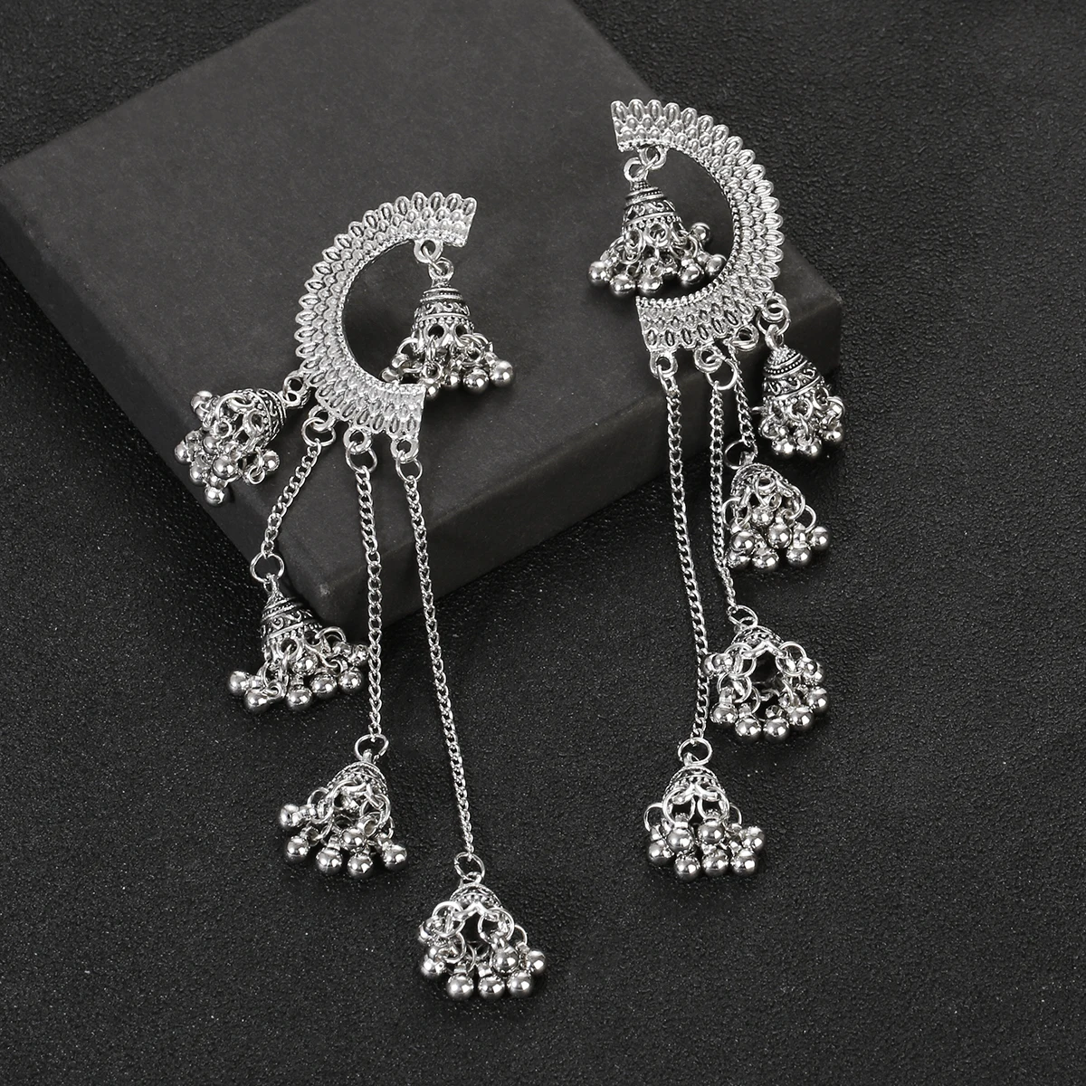 Ethnic Geometry Alloy Long Tassel Earrings Indian Jewelry Women Oxidized Vintage Antique Bell Earrings Kolczyki