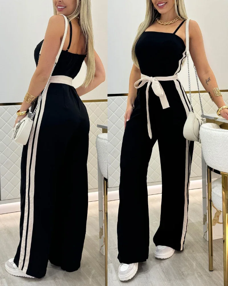 Vertical Striped Solid Color Jumpsuit for Women Full Length for Sexy and Elegant Women