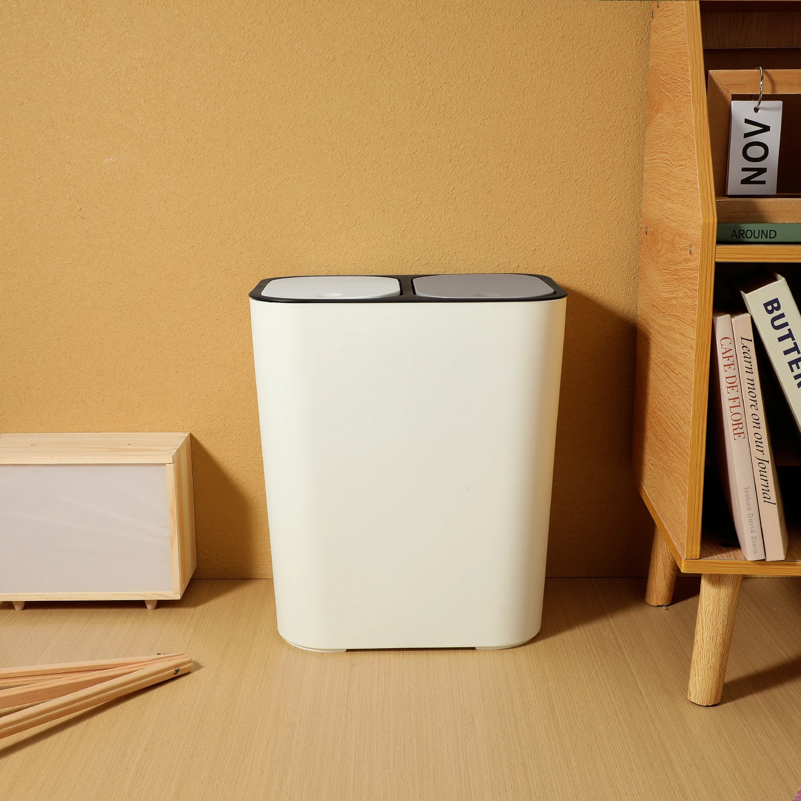 

Trash Bin Dry and Wet Separation Can Garbage Home Wastebasket Car Beige Dual White Pedal Office
