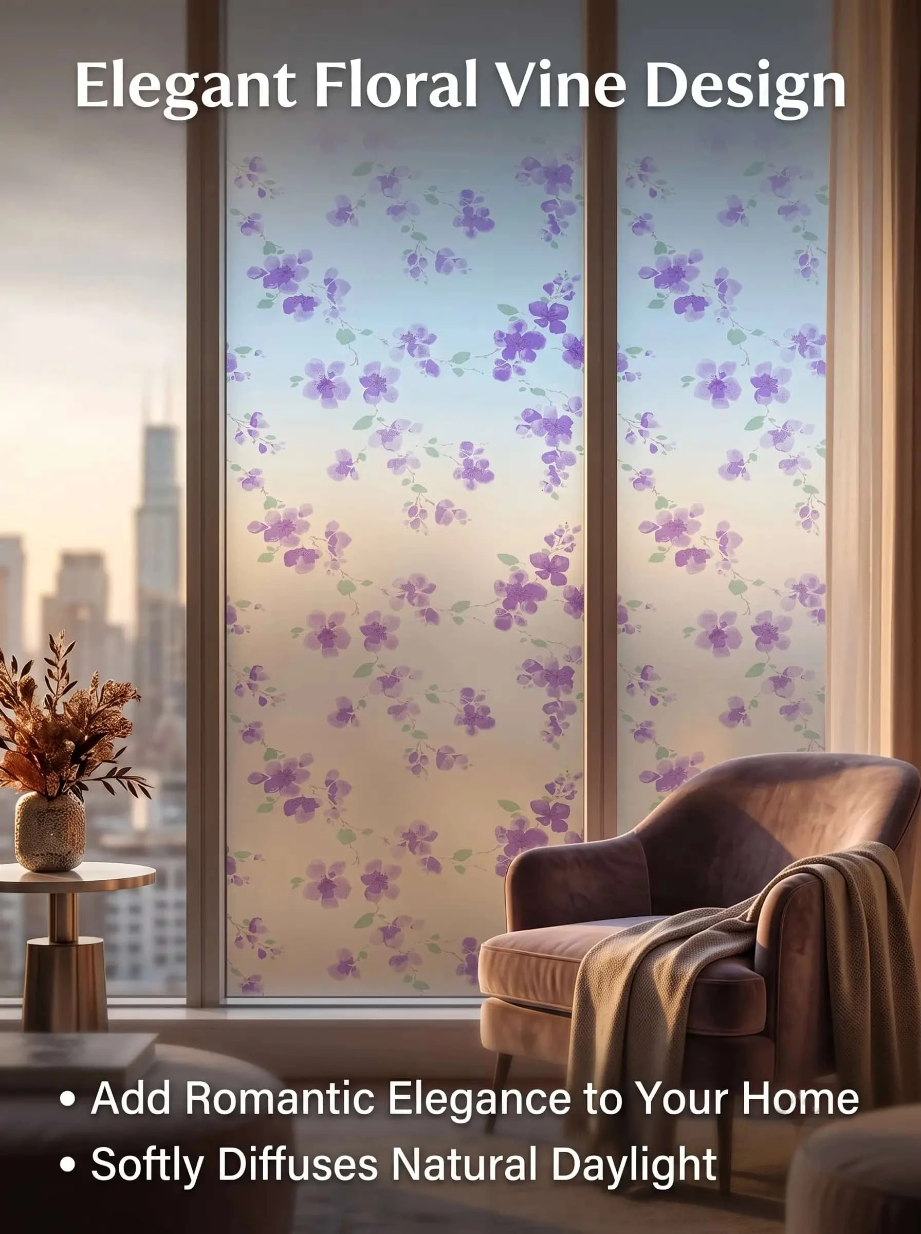 Self-Adhesive Purple Floral Vine Frosted Window Film Privacy UV Block Anti-Glare Glass Sticker for Bathroom Bedroom Living Room