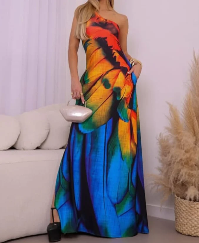 

Tie dye printed single shoulder slim slit dress, sexy slim fit with pocket long skirt, new women's clothing for summer 2025