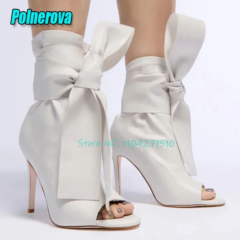 Elegant Bow Peep Toe Ankle Lace-Up Short Boots for Women White Leather Side Zipper High Heels Summer Fashion Banquet Party Shoes
