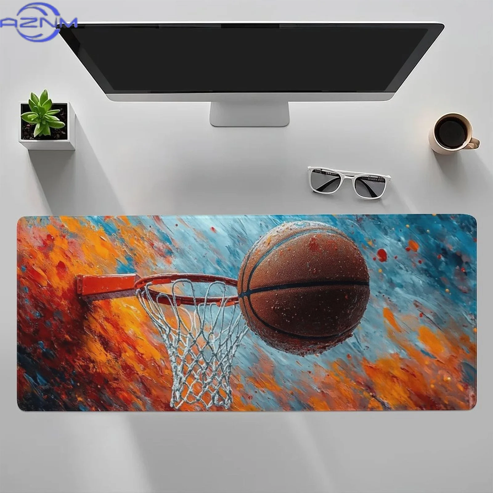Large Basketball Hoop Splash Themed Mouse Pad - Non-Slip Rubber Desk Mat with Vibrant Basketball Design, Washable & Durable for