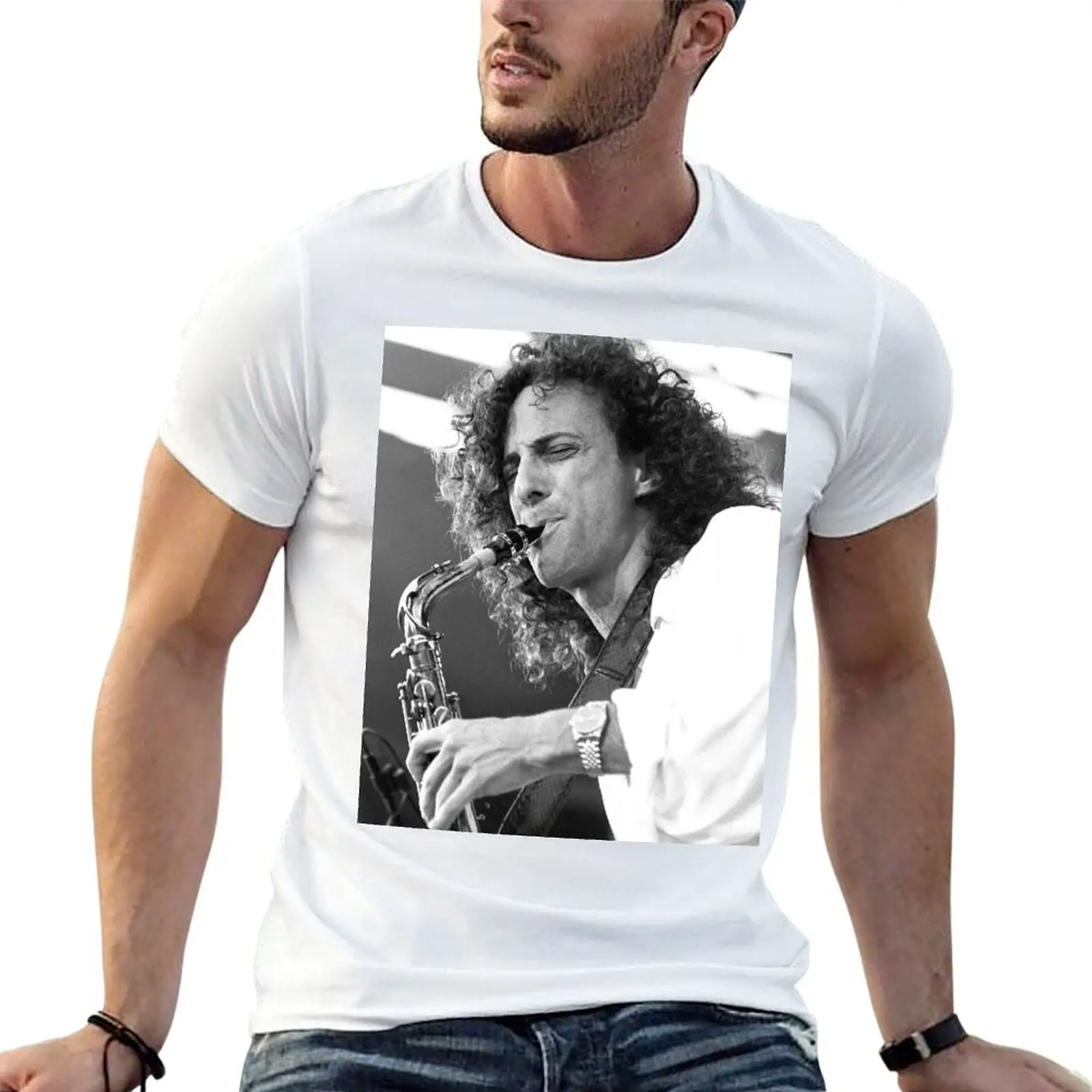 Camiseta com fotografia de Kenny G - BW, camiseta essencial, camiseta personalizada, camiseta com estampa personalizada