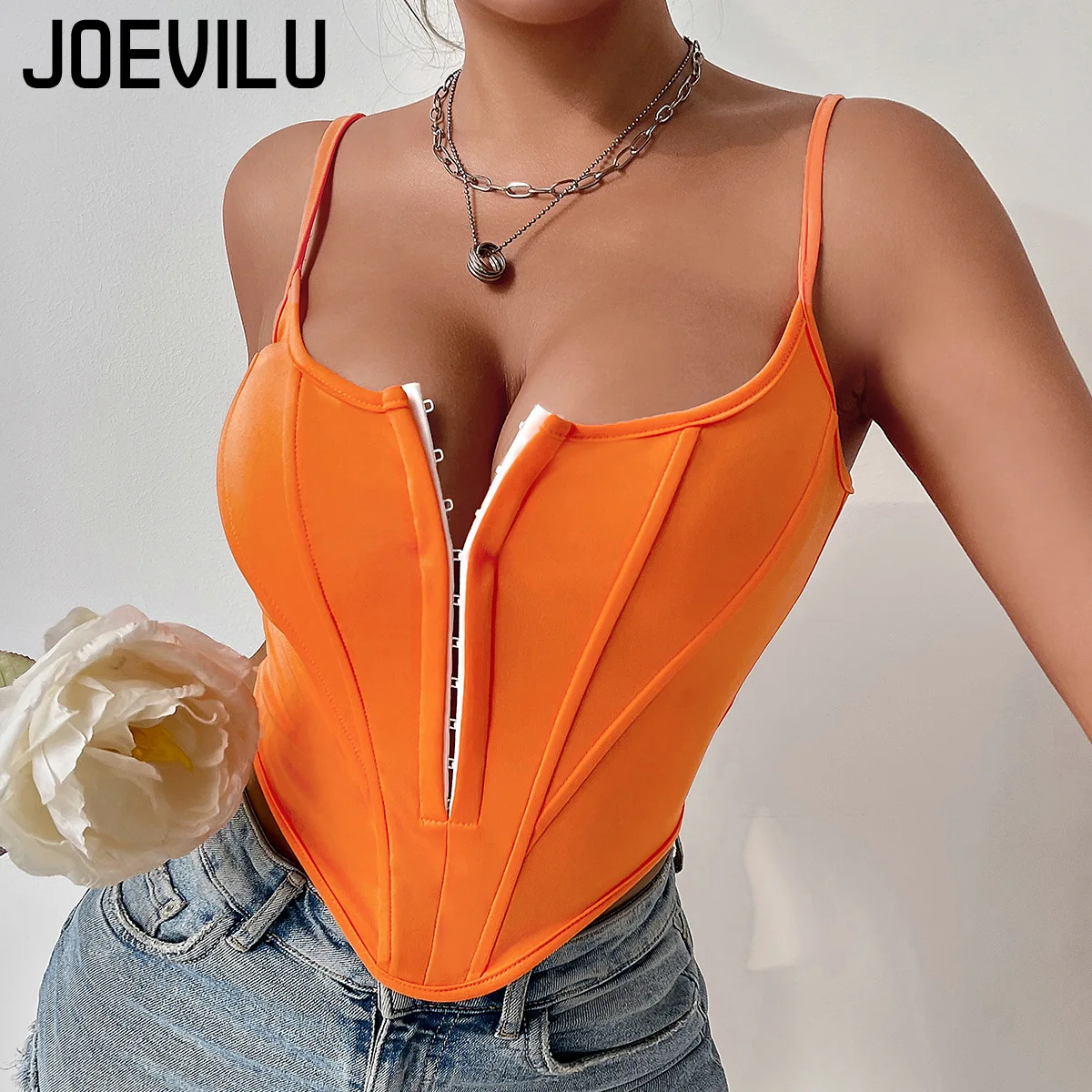 Patchwork Button Front Corset Slim Fit Diamond Backless Tank Top Y2k Spaghetti Strap Baddie Summer Women's Fashion FishboneTops