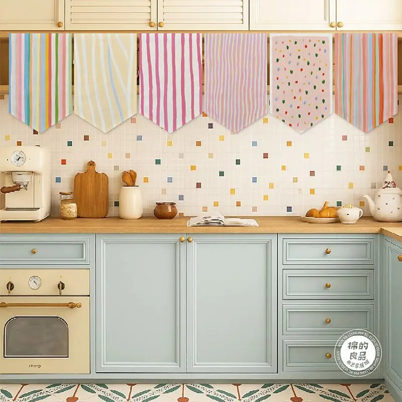 VIKAMA Rainbow Stripe Polka Dot Triangle Hanging Flag Noren Curtain Kitchen Cafe Dessert Shop Partition Banner Window Decor