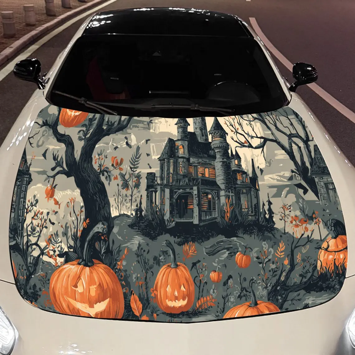 

Классический дом с привидениями на Хэллоуин и тыква, наклейка на капот двигателя автомобиля, виниловые обертки для автомобиля, водонепроницаемая самоклеящаяся наклейка на автомобиль, D