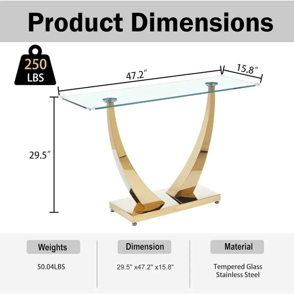 Modern Clear Glass Console Table 47 Long, Narrow Sofa Table for Entryway, Accent Desk with Geometric Silver Design