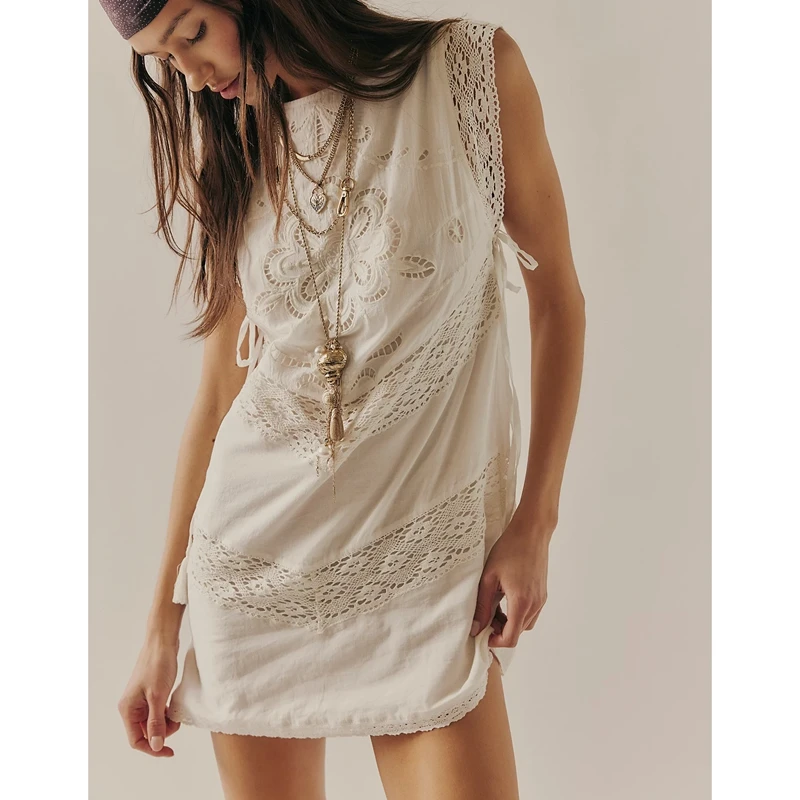 Combhasaki Women Summer Floral Lace Trim Patchwork Flower Embroidery Hollow O-Neck Side Tied Loose Sleeveless Short Tank Dress
