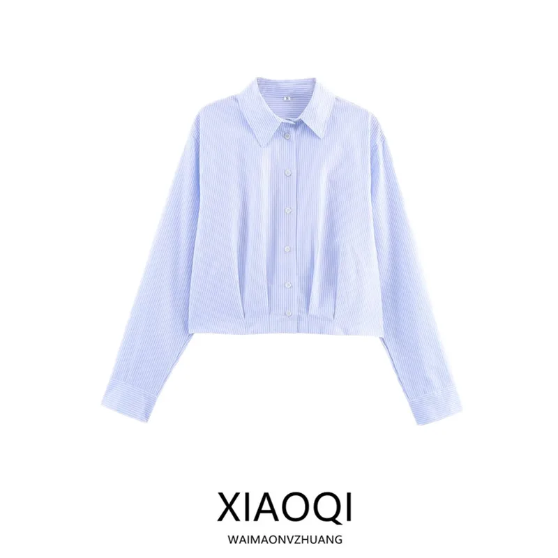 

New 2025 Autumn Women's irt Versatile Waist Folded Stripe ort Commute European Sle Loose Fit Long Sve Striped irt