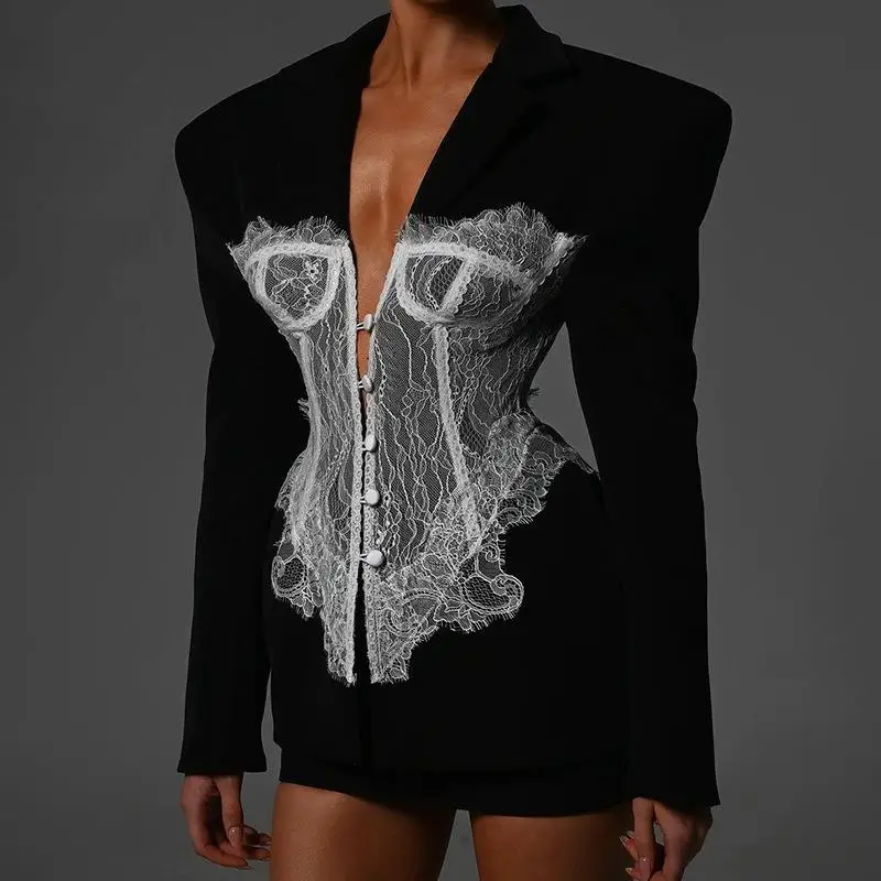 

Lace Patchwork Fishbone Waistband Suit V-Neck Long Sleeve Women's Business Suit Elegant Classy Style Other Style No Brand