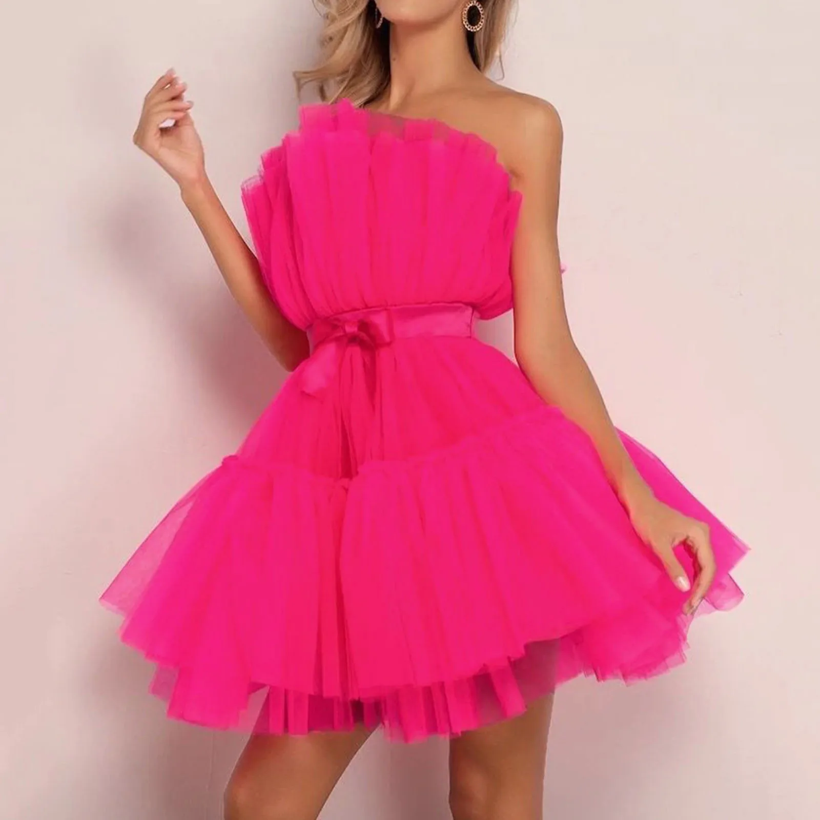 Off Shoulder Frill Trim Sheer Mesh Swing Dress Women Bow High Waist Mini Fluffy Skirts Strapless Sexy Ruffles Evening Dresses