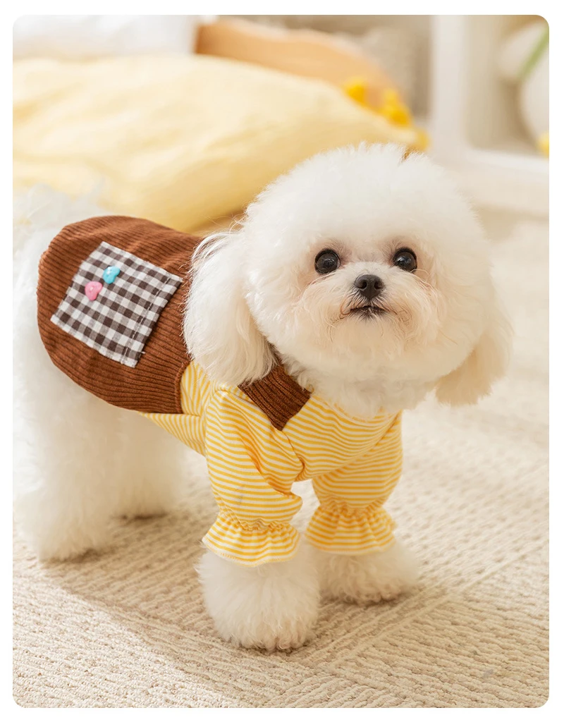 Cute Animal Pet Dog Clothes Corduroy Striped Fake Two-Piece Puppy Vest Outfits with Leash Ring Pockets Autumn Winter Costume