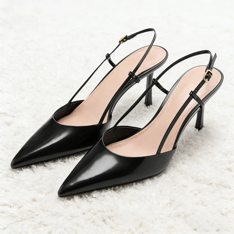 

Elegant Black Patent Leather High Heels for Ladies Sexy Pointed Toe Slingback High-heeled Sandals Comfortable Office Woman Pumps