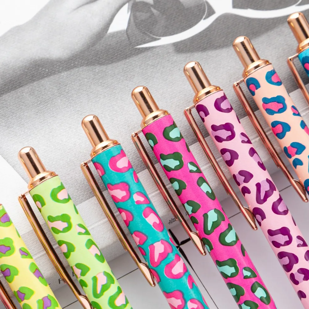 Trendy Leopard Pattern Pens - Press-on Mechanism with Vibrant Flower Film,Perfect for Journaling & Gift Giving,Cute Pens