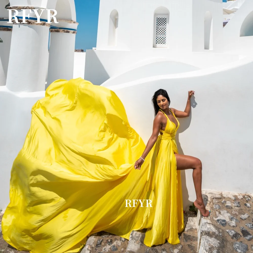 

RFYR Yellow Party Dress Sweetheart Flying Dress A Line Royal Train Anniversary Dress for Women فساتين منا Customized