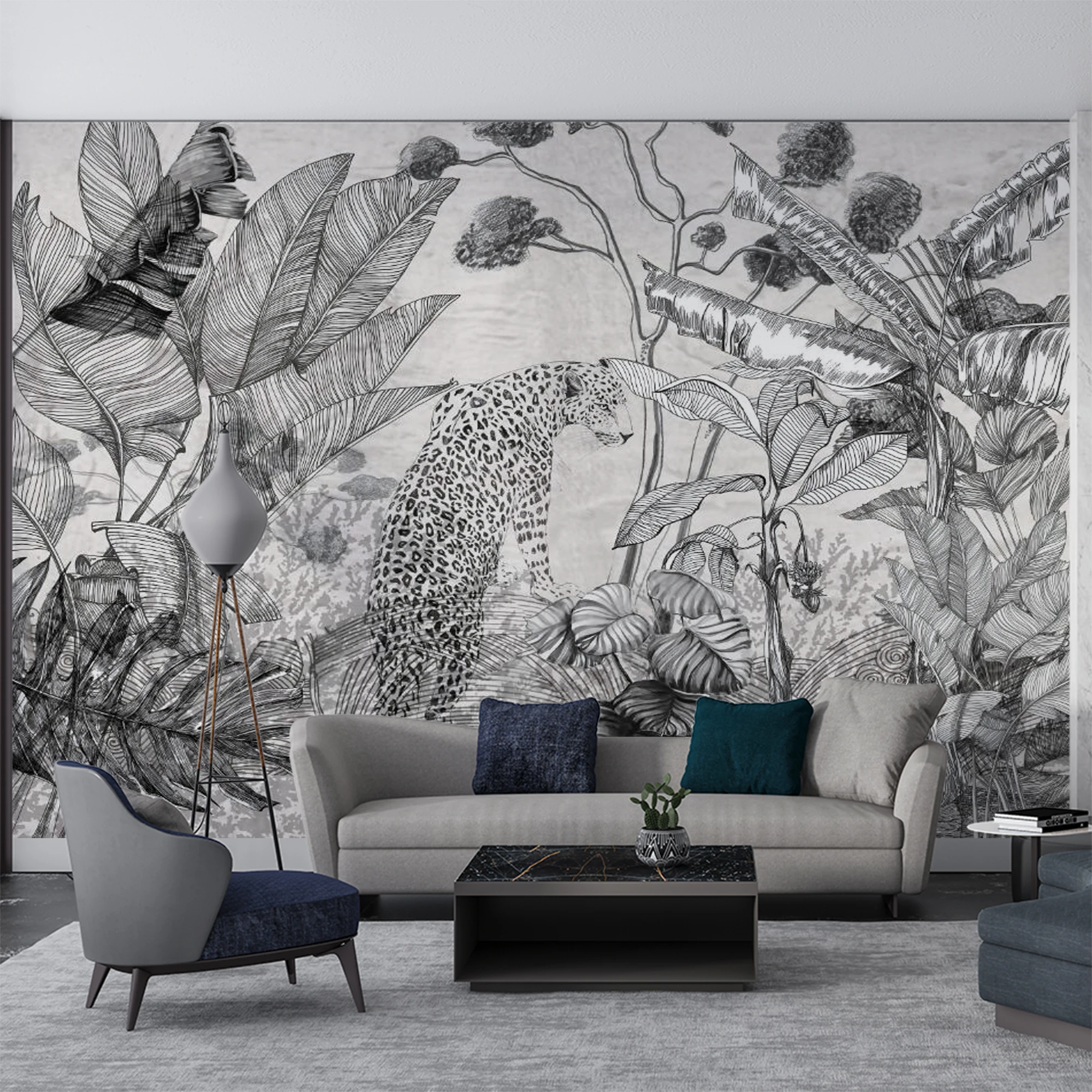Black White Sketch Leopard Wallpaper Custom Peel Stick Wall Mural Tropical Jungle Vintage Animal Living Room Home Wall Decoratio