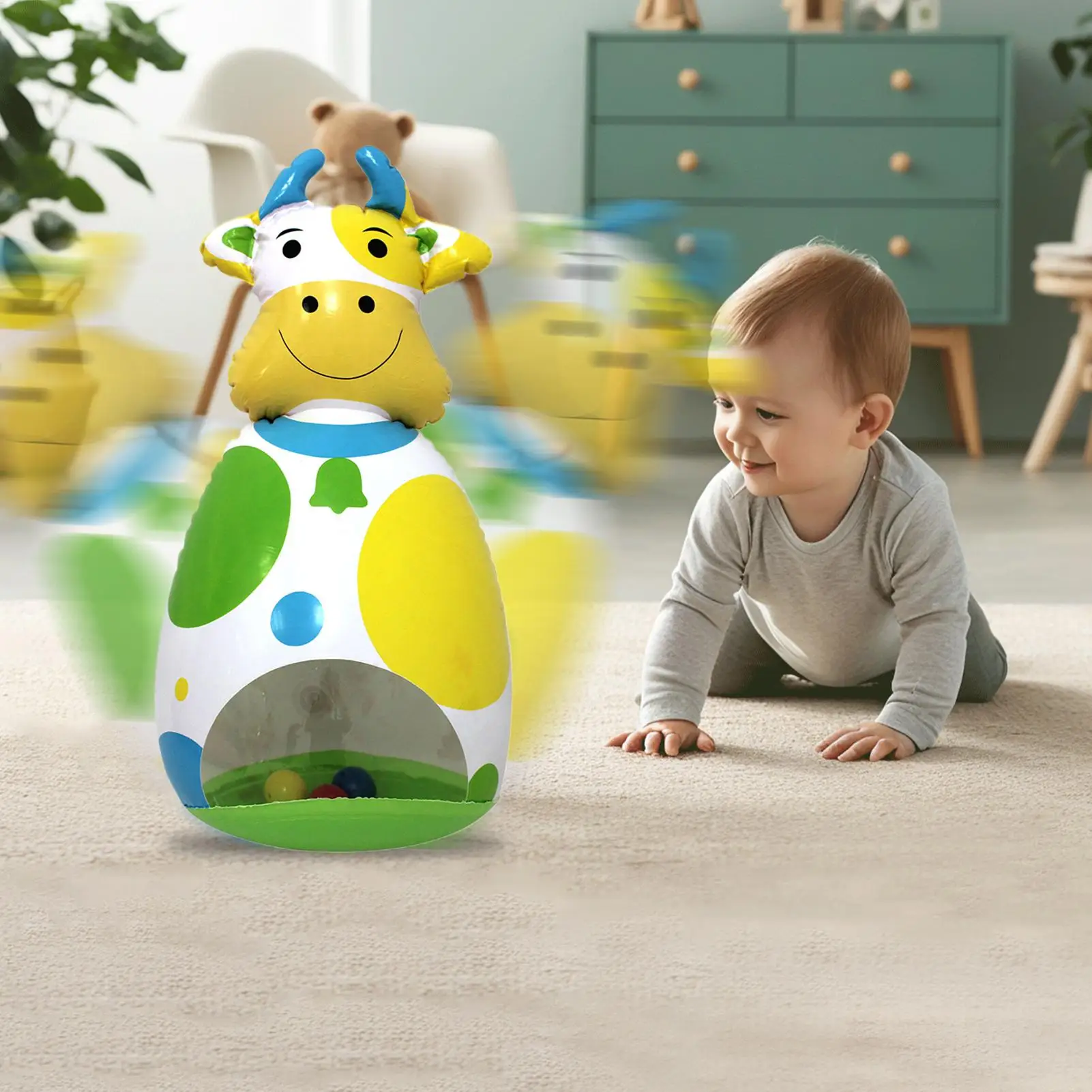 Giocattoli di mucca per bambini Giocattolo rimbalzante di mucca con campana Divertimento animale portatile per la camera da letto Scrivania Viaggio Pavimento Cortile Aula Decorazione della casa