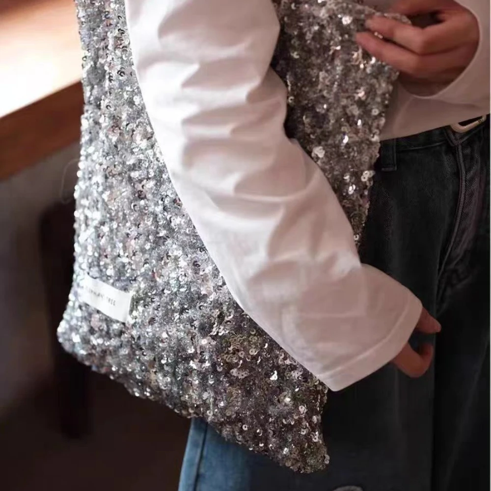 Niche Unique Heavy Silver Sequin Casual Fashion Shoulder Bag Women's Premium Texture Large Capacity Commuting Versatile Tote Bag