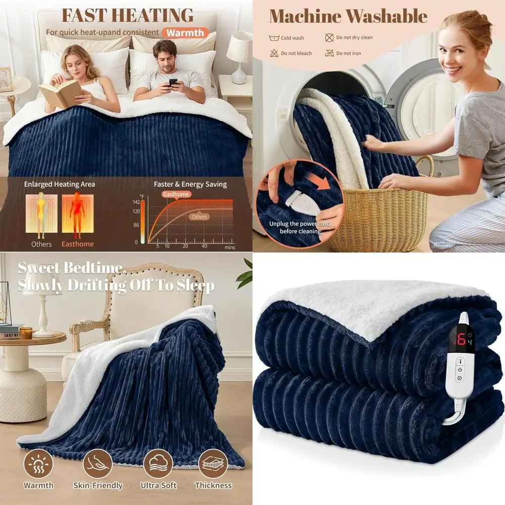 

Queen Size Electric Blanket 84x90 with 6 Heat Levels, 10-Hour Auto-Off, Soft Flannel, Overheat Protection, Navy Blue