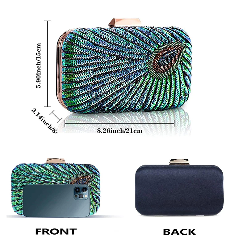 Green Peacock Beaded Sequins Evening Handbags Women Envelope Party Wedding Bridal Purses Formal Female Shoulder Messenger Bags