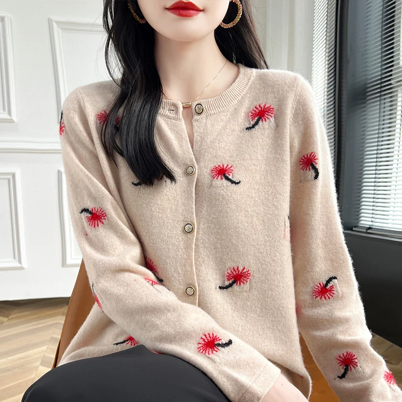 

100% pure wool knitted O-neck cardigan women's sweater fashionable and exquisite full sleeved short jacket women's wool sweater