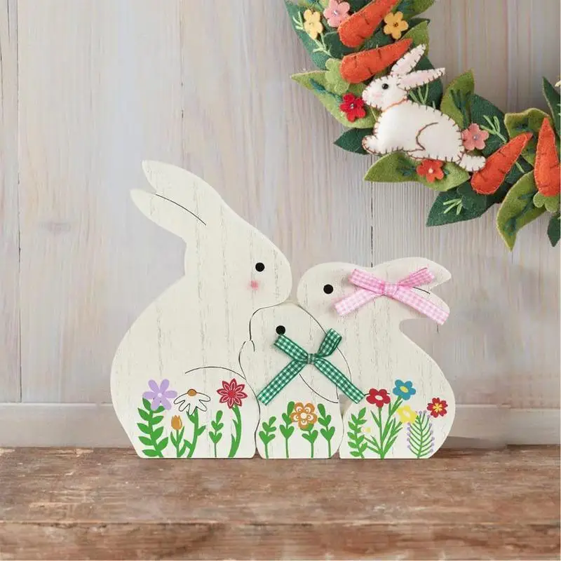 3PCS Bunny Wood Sign Spring Rabbit Decor Set Easter Bunny Signs Tabletop Rabbit Shape Decorations For Party