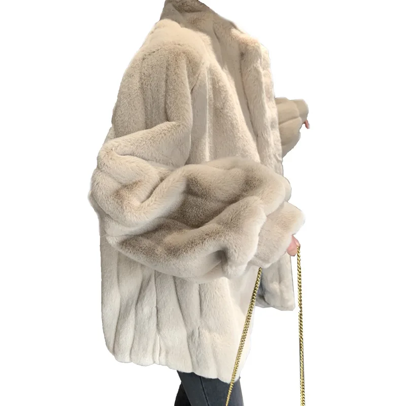 2024 autumn and winter imitation rabbit fur women's medium and long plush clothes loose lamb wool coat stand-up collar wool coat