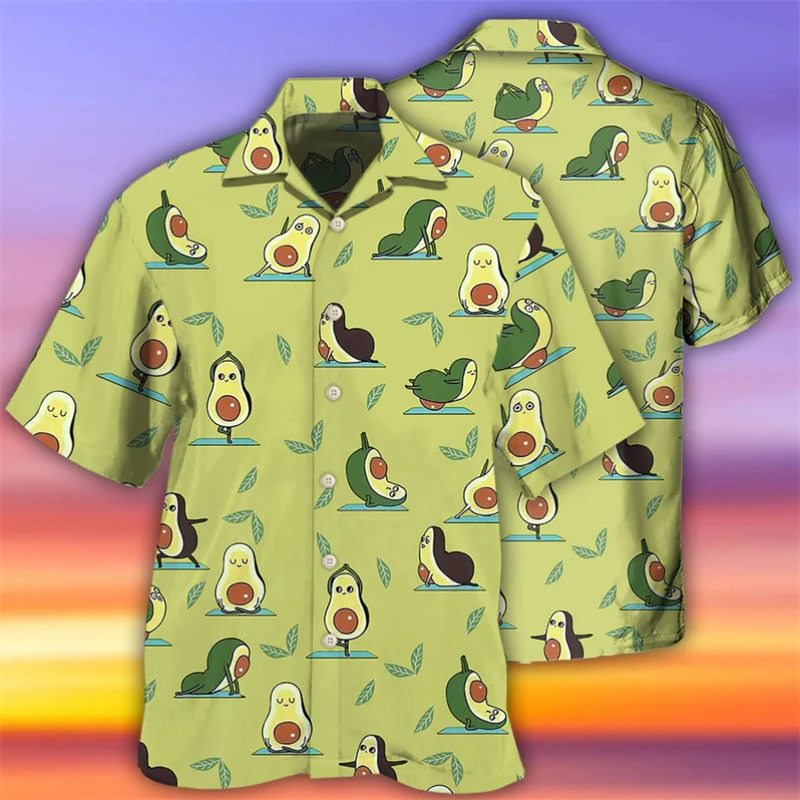 Funny Hawaiian Fruit Avocado Short Sleeve Shirts For Men Clothes Persea Americana Mill Graphic Blouses Vacation Lapel Blouse Top