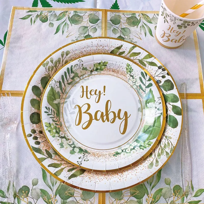 8Guests Gold Letter Hey Baby Disposable Tableware Jungle Leaves Napkin Plate Baby Shower Boy Girl Babyshower Hey Baby Supplies