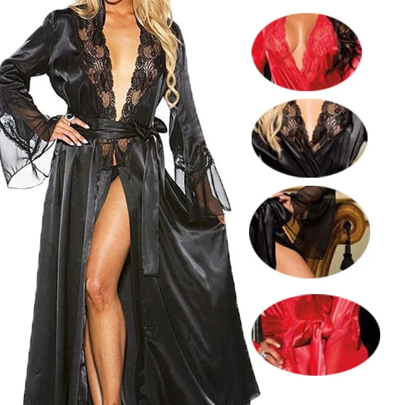 

Women's sexy underwear lace long dress extended bathrobe See-through bathrobe, extra size, mesh, solid color lace bathrobe