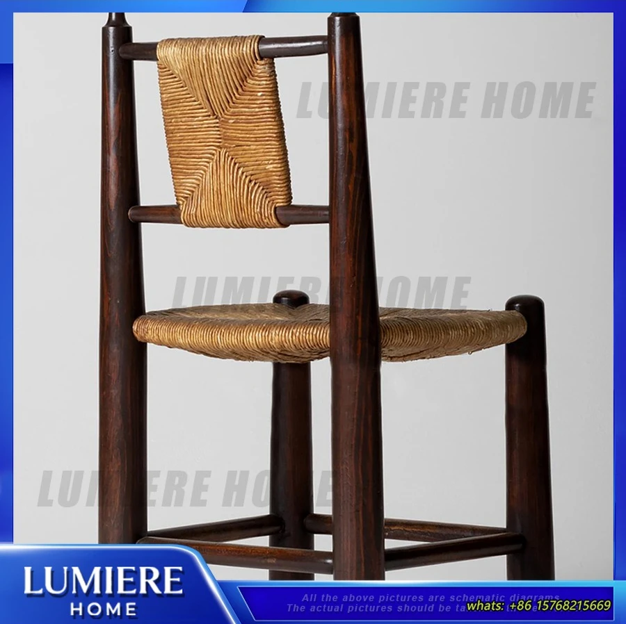 Vintage Rattan Dining Chair Solid Wood French Style Retro Cafe Chair for Living Room Study Hotel Use Comfortable Mid Century