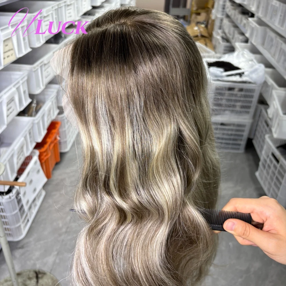 Uluck الجسم موجة الرماد شقراء اللون 13x6 الدانتيل الباروكة الأمامية Preplucked 100% البرازيلي ريمي خصلات الشعر المستعار الإنسان للنساء البيض ارتداء للذهاب