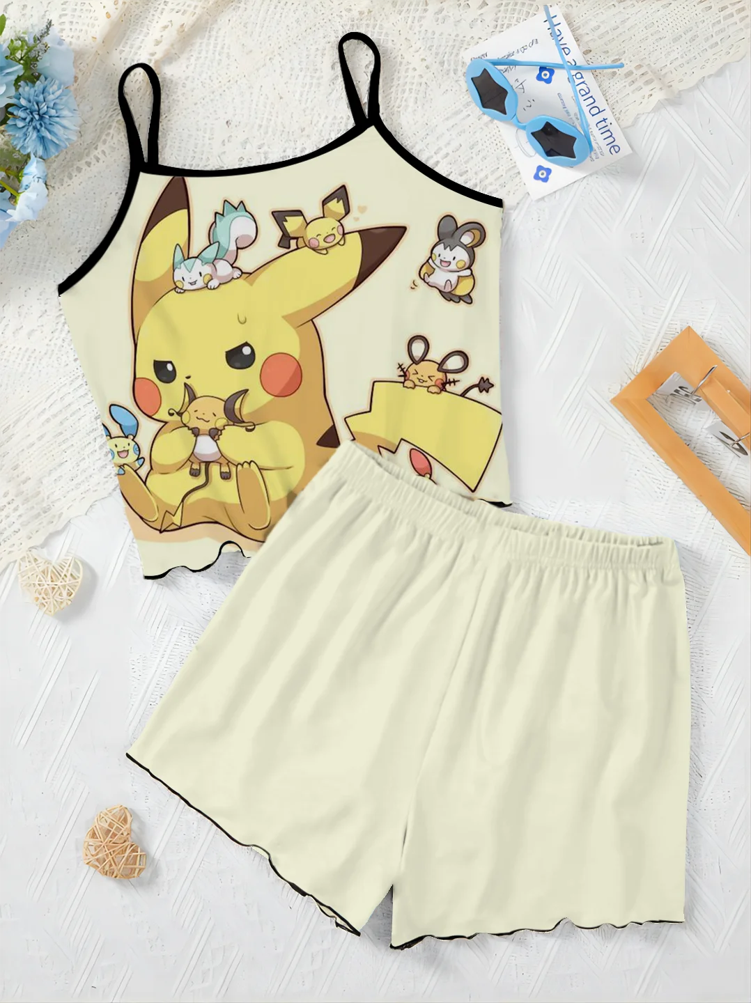 T-shirt Short Sets for Women 2 Pieces Pikachu Pajama Skirt Women's Suit Top Lettuce Trim Home Dress Pokémon Elegant Slip Dress