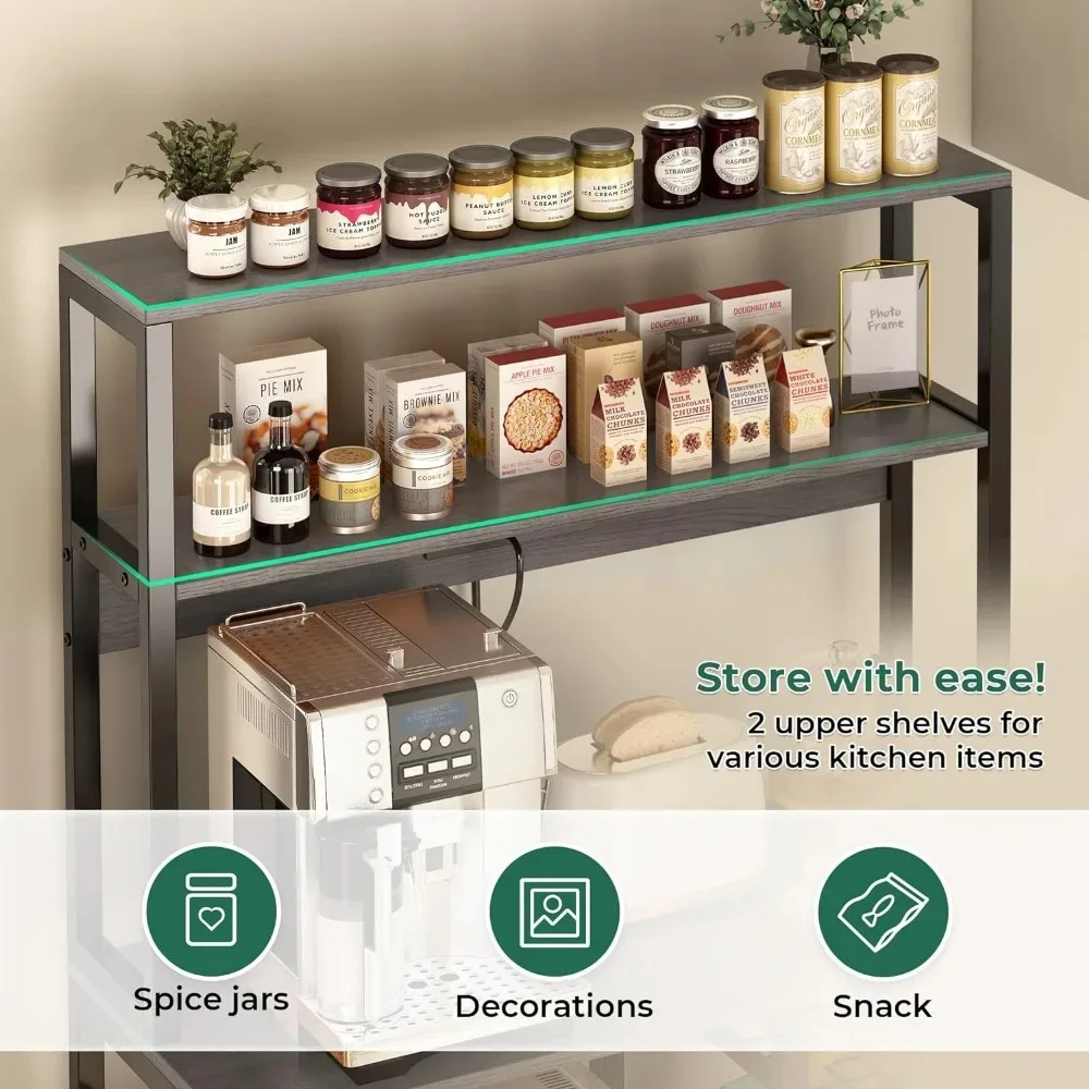 Prateleira de Arrumos Abertos com Cesta Arame, Móveis para Bar, Suporte Café, Bakers Rack, Tomada, Casa Adega, 35,4 Polegadas