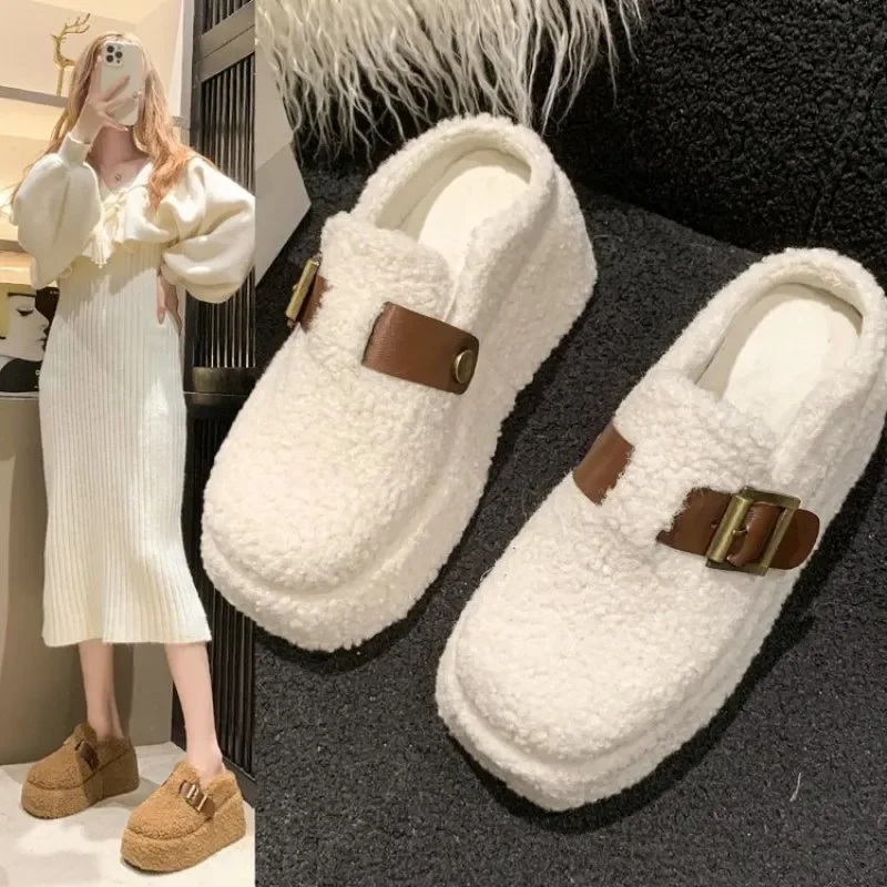 Super High Heel Platform Slippers for Women Slanted Heel Closed Toe Lamb Wool Woolen Outer Wear Small Spring Autumn New 2024