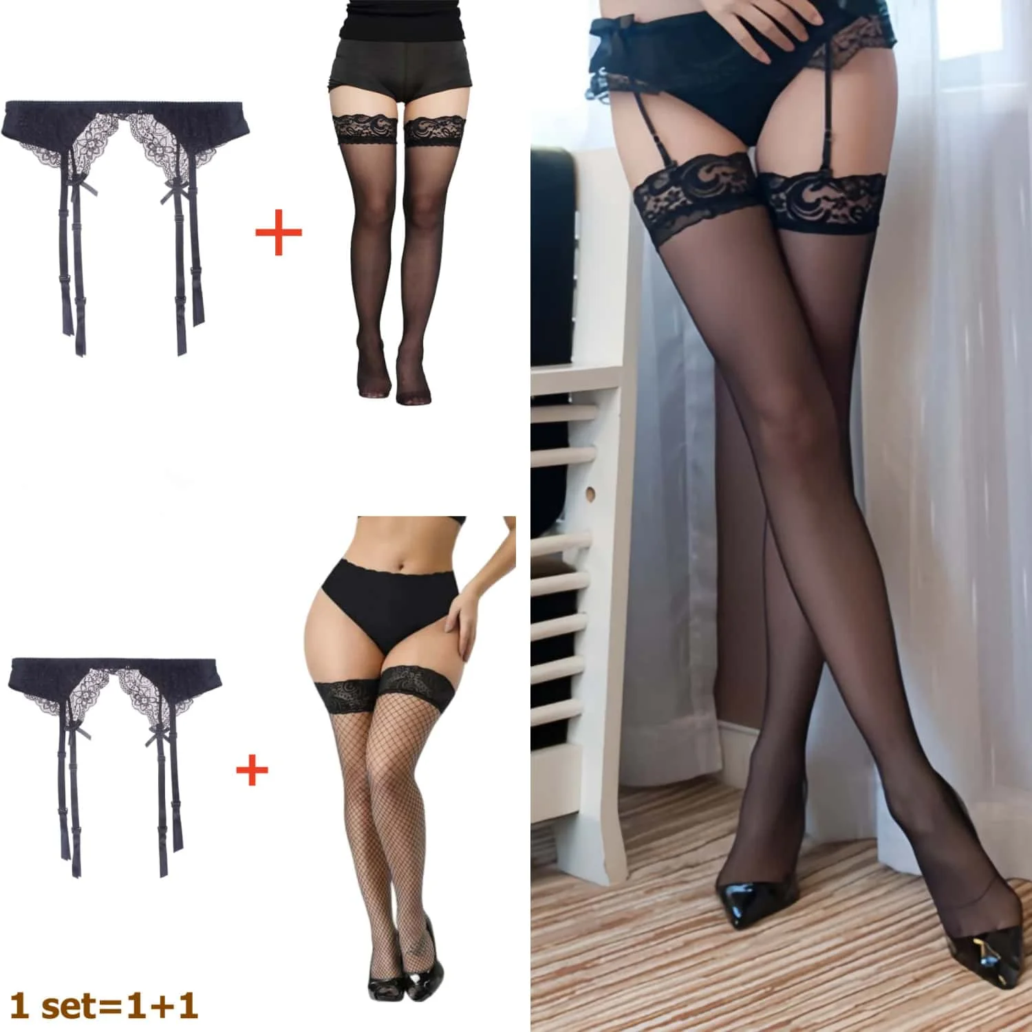 Plus Size Women Lace Garter Belt Sexy Stockings Set Adjustable Elastic Suspender Belt Stocking Fishnet Pantyhose for Woman