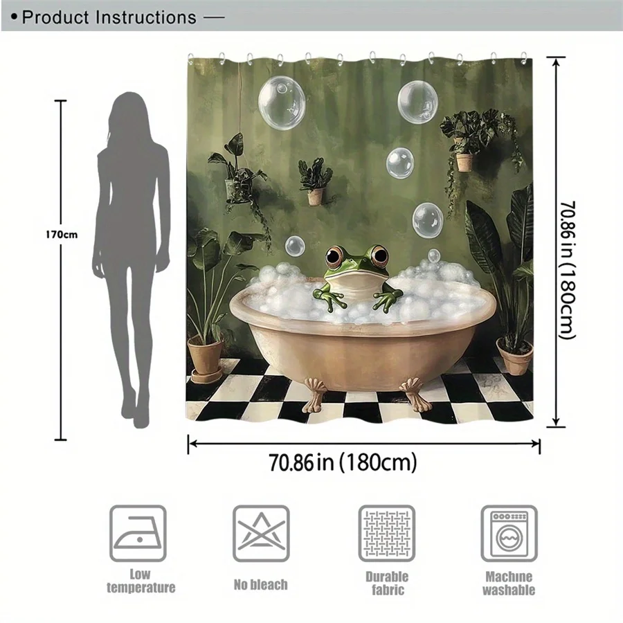 1pc Whimsical Green Frog in Bathtub Shower Curtain with Bubbles & Plants, Vintage Checkered Floor Design - Durable Polyester Fab