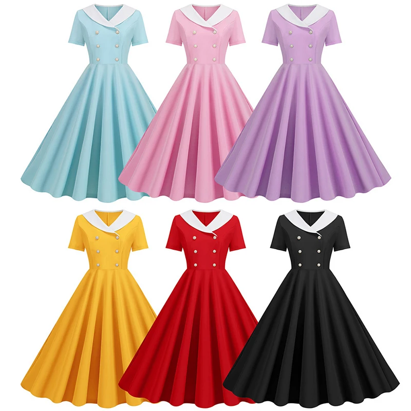 Womens Retro 50s 60s Rockabilly Party Dress Vintage Button Swing Dress Casual Office Lady Cocktail Evening Party Dress