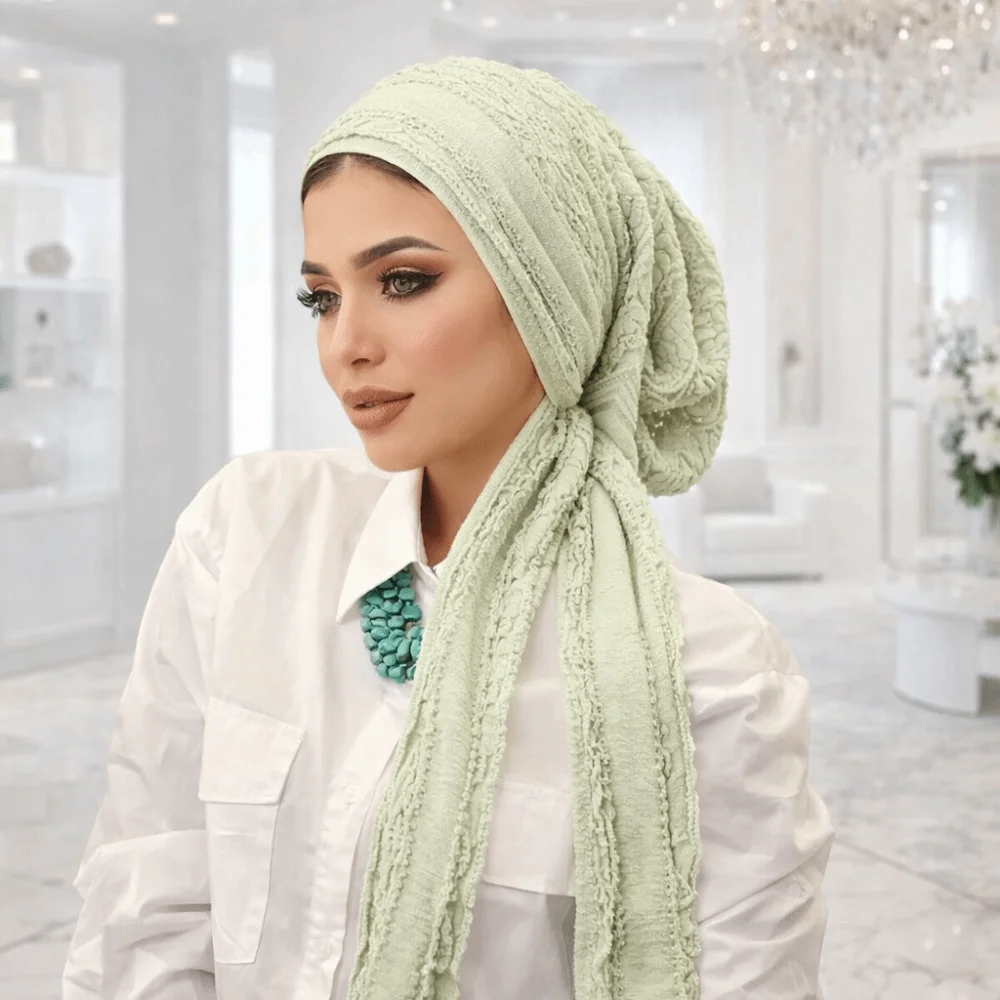 Adjustable Women Turban Hats Soft Stretch Polyester Solid Color Crinkle Hijabs Pleated Unicolor Wrinkle Headscarf Daily Wear