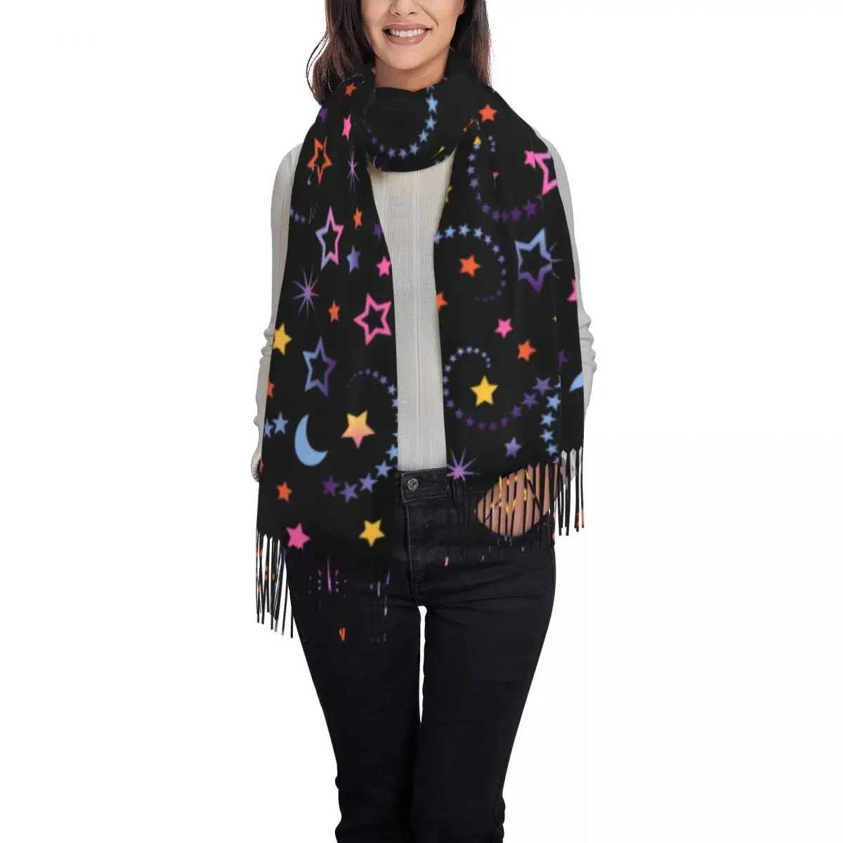 Moon And Stars Scarf Galaxy Print Warm Soft Shawls and Wrap with Tassel Women y2k Funny Head Scarves Autumn New Design Bandana