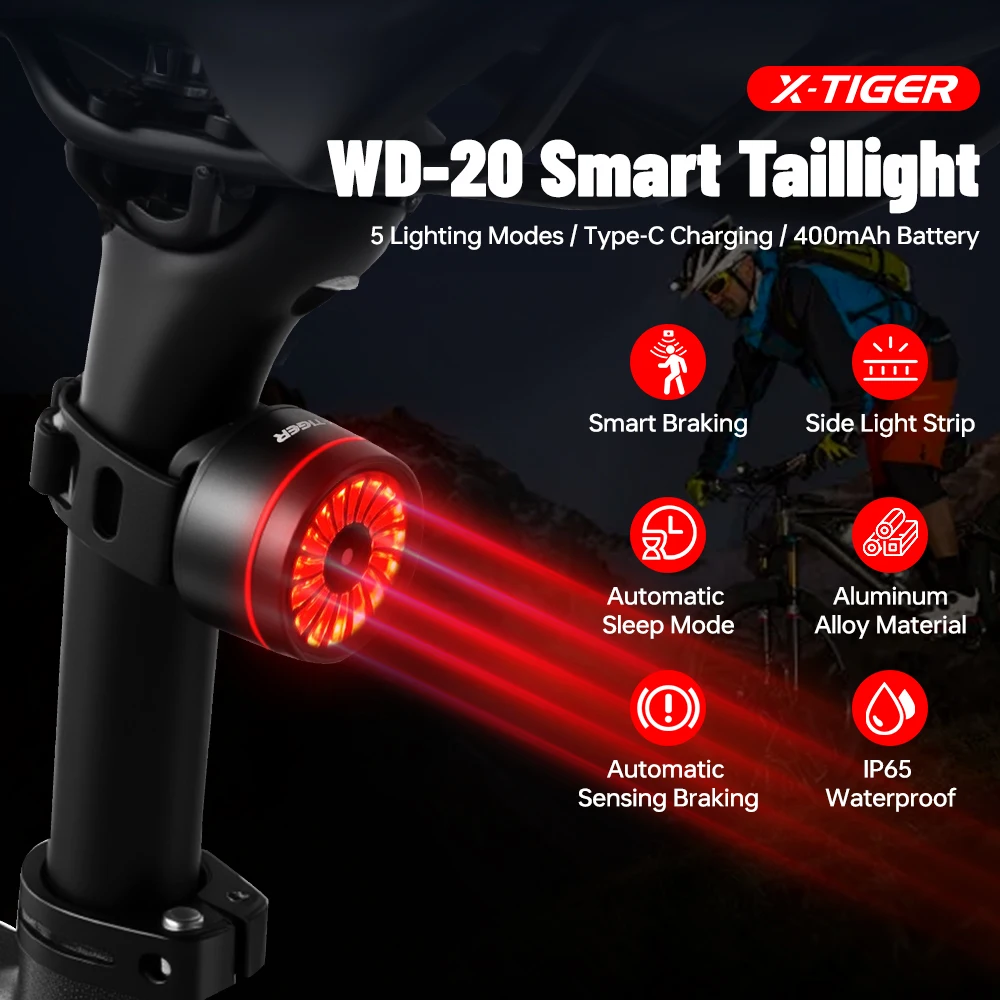 

X-TIGER Rear Bicycle Light Rechargeable Smart Brake Sensing Bicycle Tail Light Aluminum Waterproof Bike Rear Bike Accessories