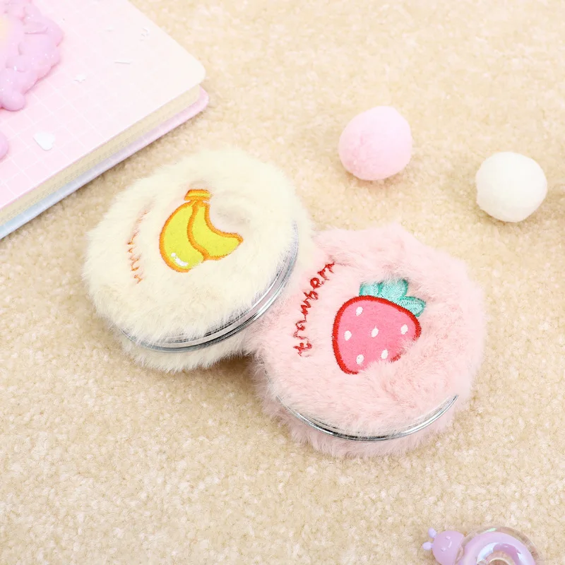 Miroir de poche en peluche de dessin animé pour femmes et filles, mini broderie ronde pliante, fruit animal, document aléatoire, GU449