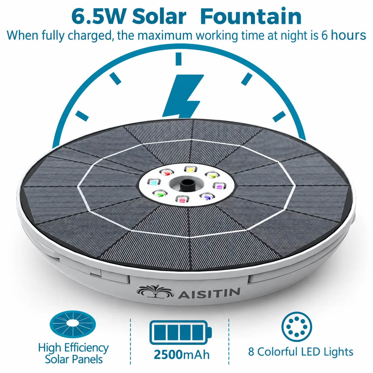 6.5W Solar Fountain Built in Large Capacity Battery, Solar Water Fountain Pump with 8 LED Colorful Lights&8 Nozzles for Bird Bath Garden Pond