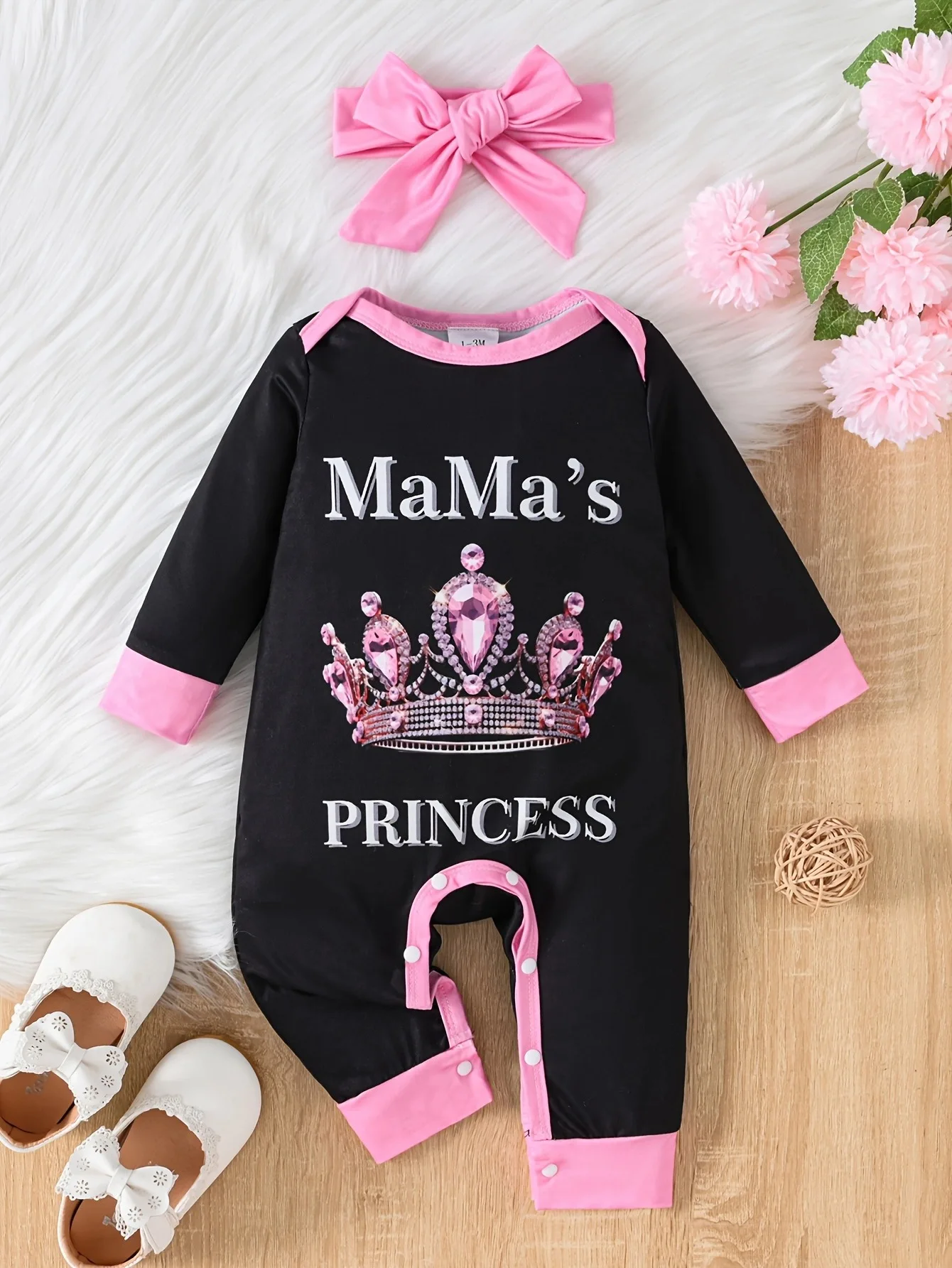 0-2 Year Old Spring and Autumn New Newborn Infants and Girls Crown Letter Printed Long sleeved Pants jumpsuit+Headband