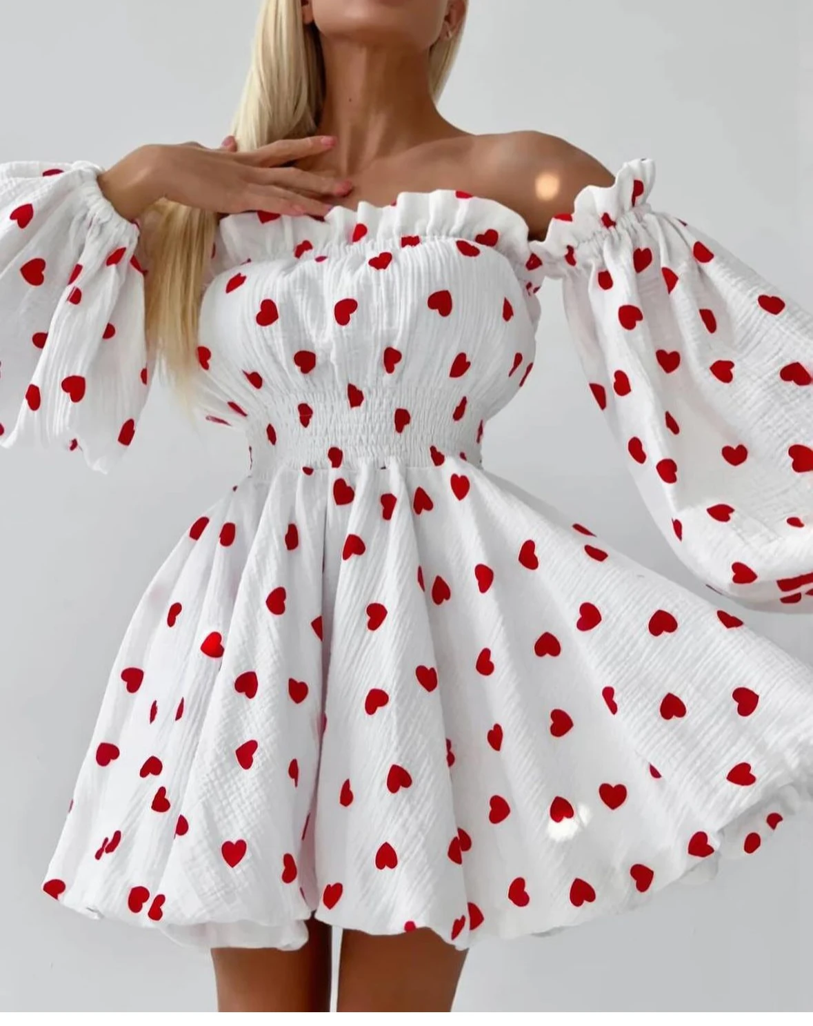 2025 Spring And Autumn Women's One Shoulder Puff Sleeve Mini Dress Love Print Princess Dress Casual Beach Seaside Holiday Dress